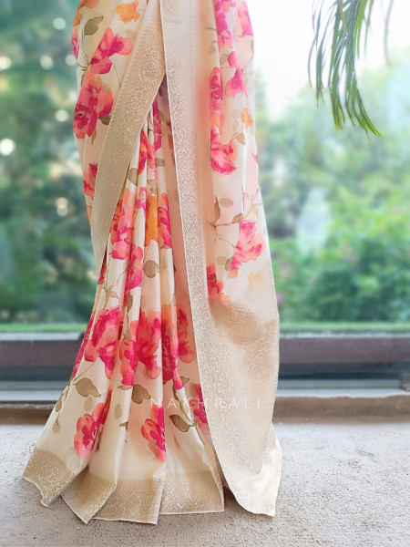 Rose-Vance Cream Georgette & Banarasi Silk Saree