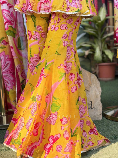 Sunaria Yellow Floral Kurta Palazzo Set