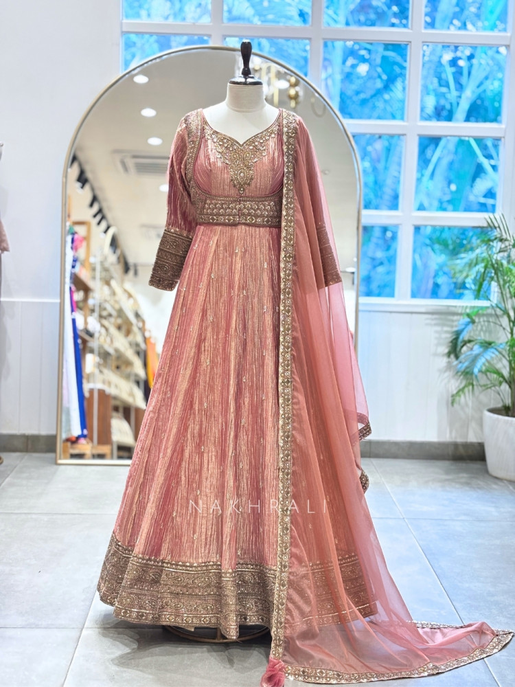 Image of Mrigya Onion Pink Anarkali Suit Set With Hand Embellished Zari &amp; Sequin Work