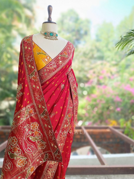 Rajwadi Red Bandhani Saree with Mirror Embroidery