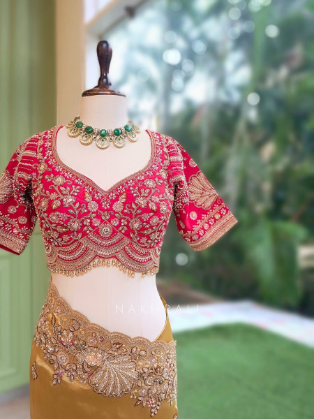 Celestial Golden Satin Silk Saree With Red Embroidered Dupatta