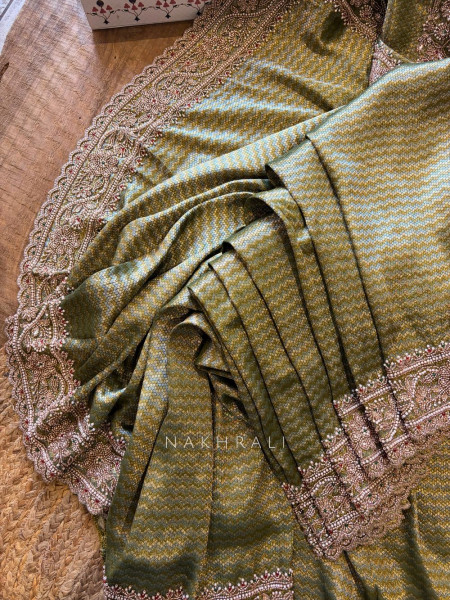 Trishva Green Brocade Saree with Cut Dana and Bead Work