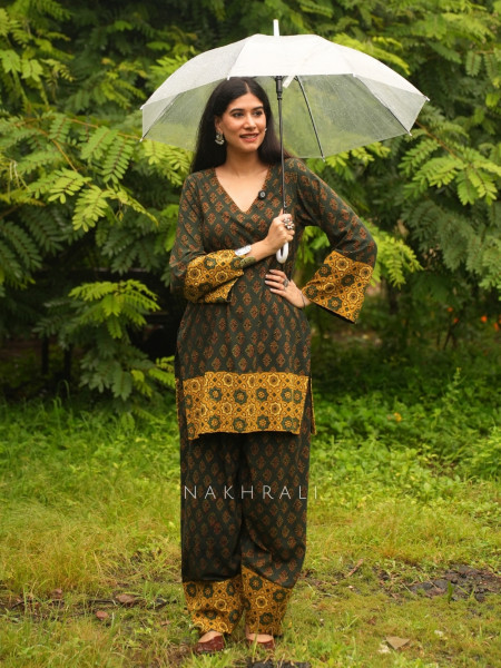 Barkha Green Cotton Block Print Kurti with Farsi Salwar Set