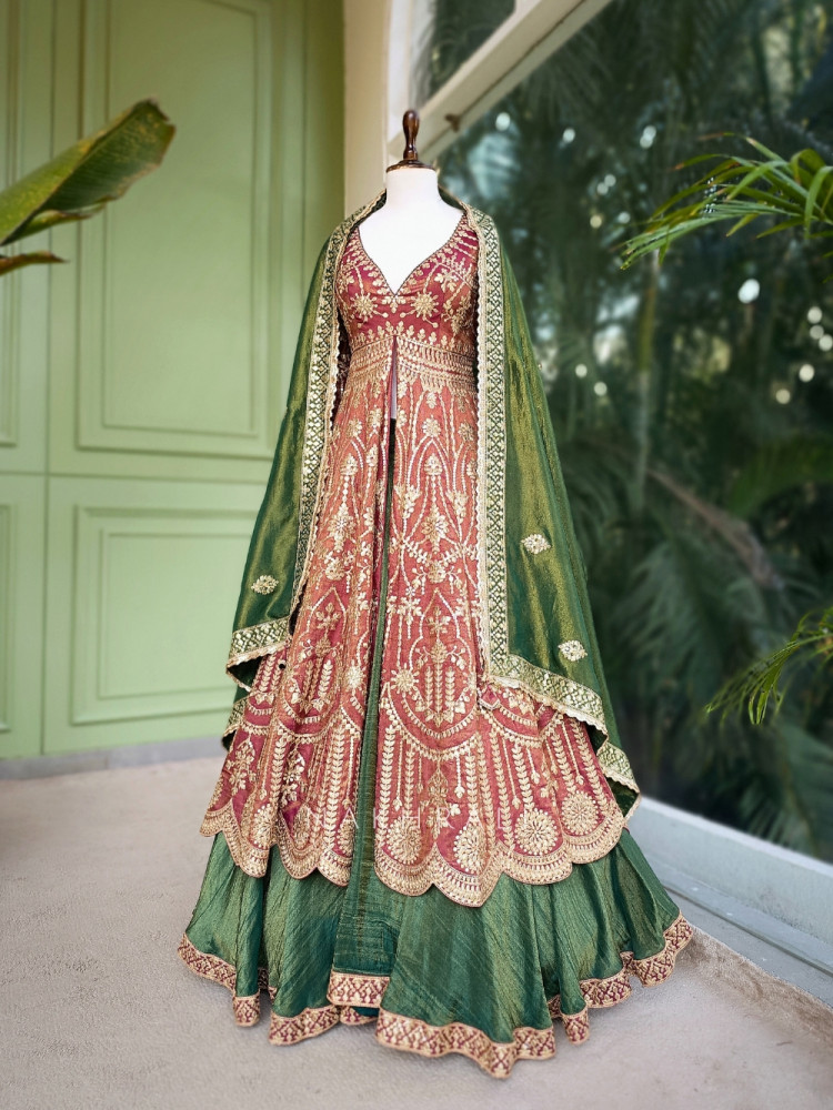 Image of Merlot Majesty Wine Indo Western Lehenga with Zari Embroidery
