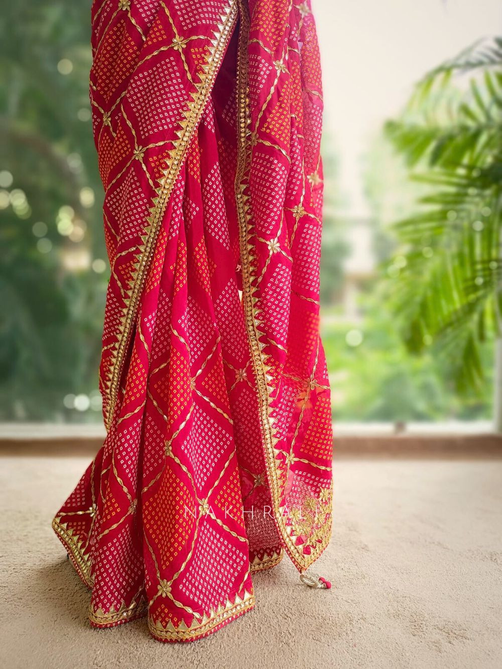 Red Rang Rang Leher Red Bandhani Saree with Embroidered Border