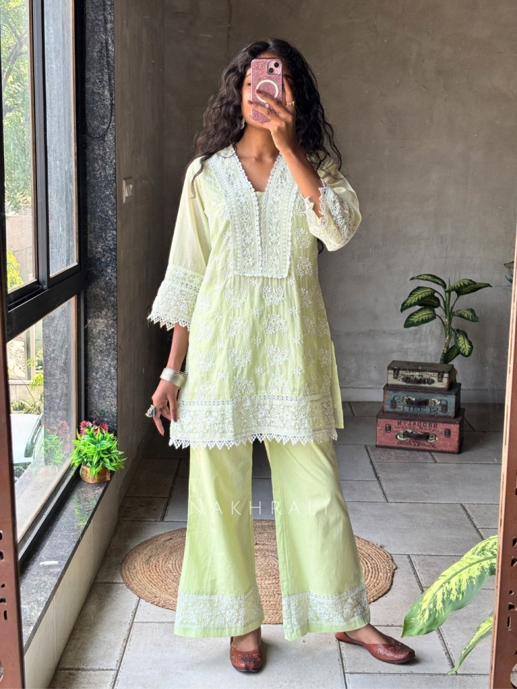 Image of Mirelle Green Co-ord Set with Lace Embroidery
