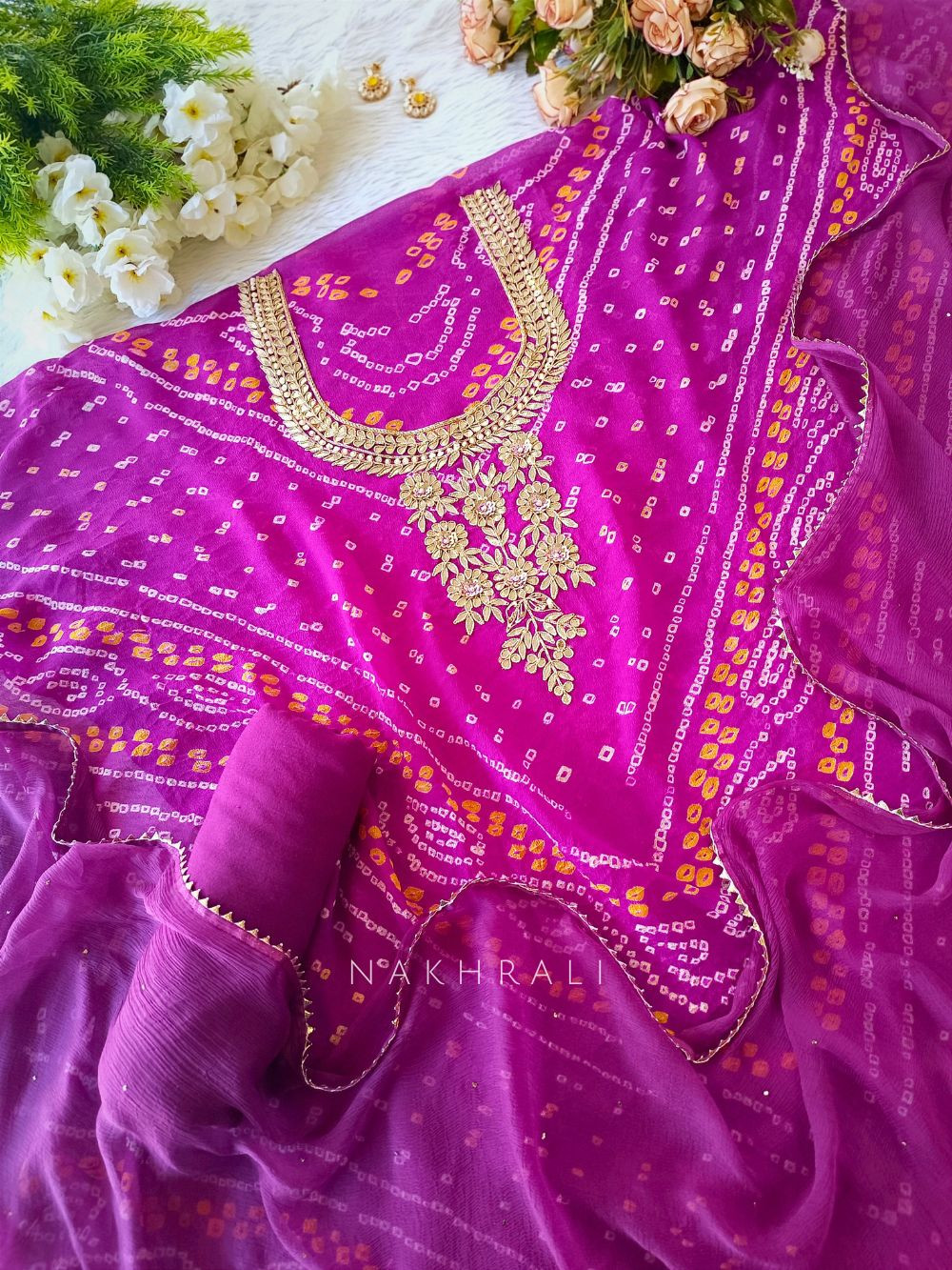 Purple Bandhani Print Chiffon Dress Material with Gota Patti Work Purple Bandhani Print Chiffon Dress Material with Gota Patti Work
