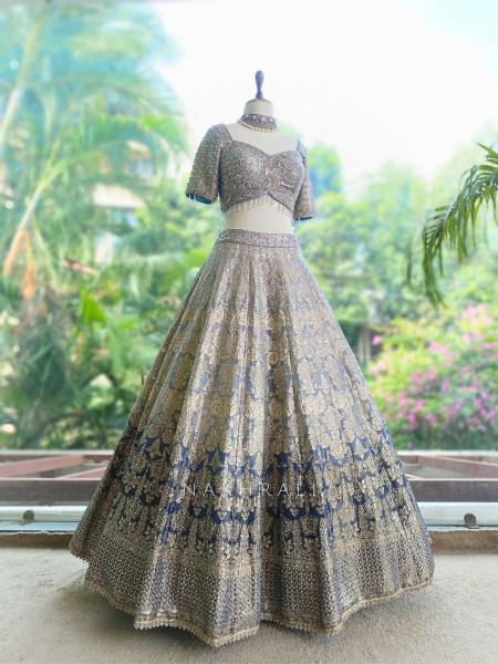 Sterling Bloom Grey Banarasi Brocade Silk Lehenga