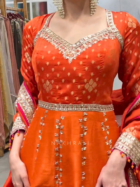 Aarunya Orange Anarkali Set with Mirror & Gota Embroidery