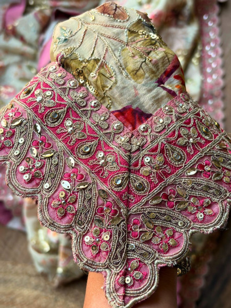 Nirvitha Pista Green Saree with Printed Embroidery and Sequin Work