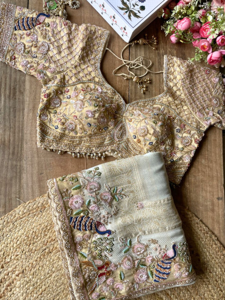 Meadowlark Cream Saree with Readymade Blouse and Beads Thread Embroidery