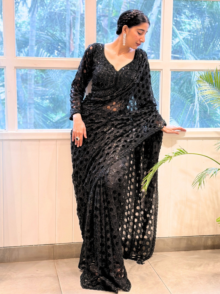 Image of Nox Hexa Black Saree With Honeycomb Cutwork &amp; Beadwork