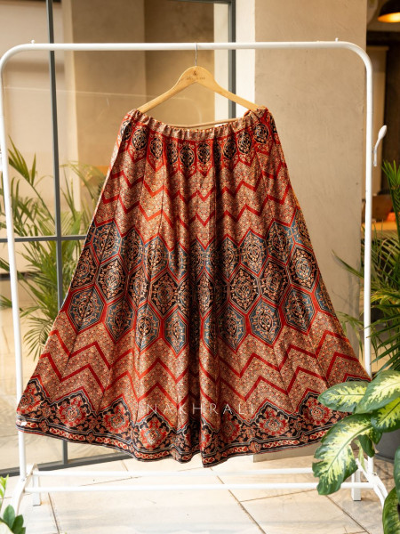 Jhoom Red Modal Silk Ajrakh Skirt – Geometric Harmony