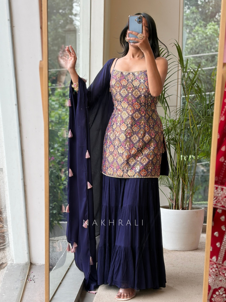 Image of Heera Bottle Purple Banarasi Brocade &amp; Crushed Georgette Palazzo Suit Set