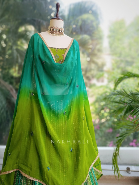 Ruhika Dual-Tone Green Bandhani Lehenga with Mirror & Sequin Work