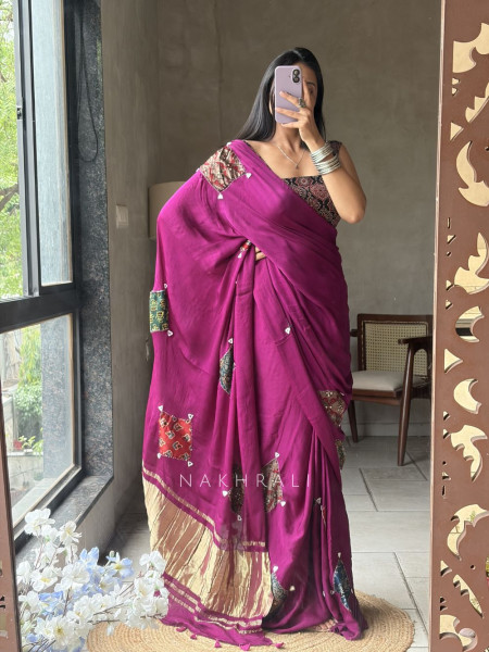Kasha Wine Patchwork Zari Weave Saree with Running Blouse Piece
