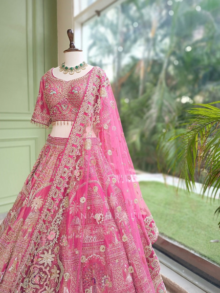 Rajgulab Pink Raw Silk Bridal Lehenga Set