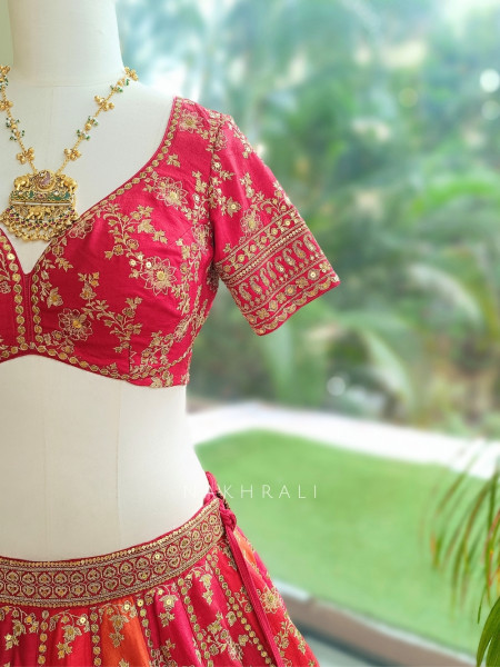 Meera Jodha Red Silk Georgette Bridal Lehenga With Zari & Sequin Floral Jaal Work