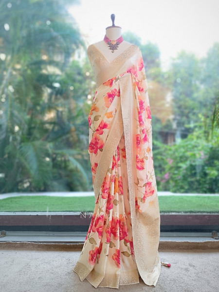 Rose-Vance Cream Georgette & Banarasi Silk Saree