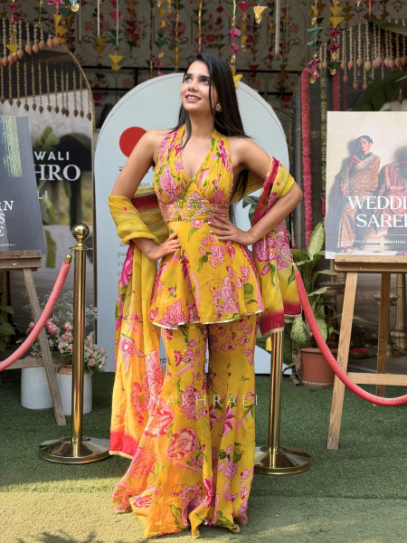 Sunaria Yellow Floral Kurta Palazzo Set
