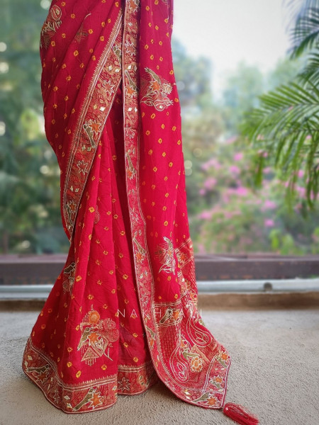 Rajwadi Red Bandhani Saree with Mirror Embroidery