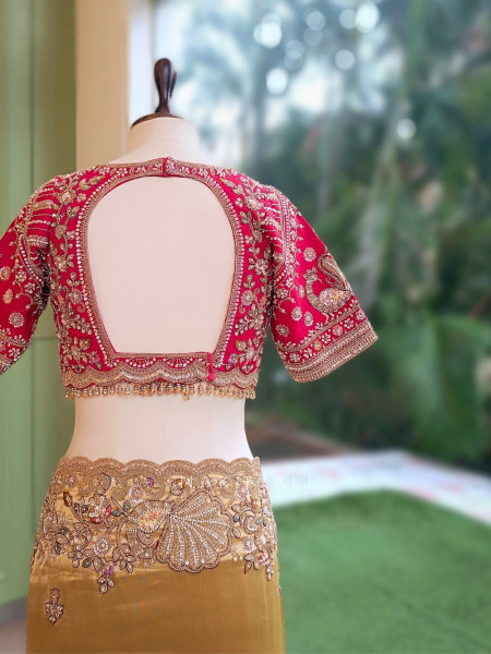 Celestial Golden Satin Silk Saree With Red Embroidered Dupatta