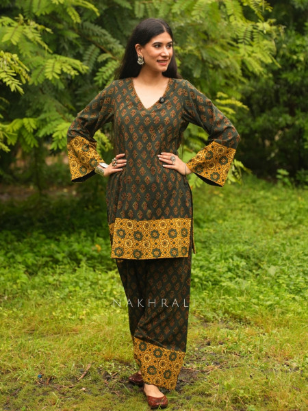 Barkha Green Cotton Block Print Kurti with Farsi Salwar Set