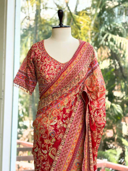 Paisley Printed Red Saree with Stone Embellished Readymade Blouse