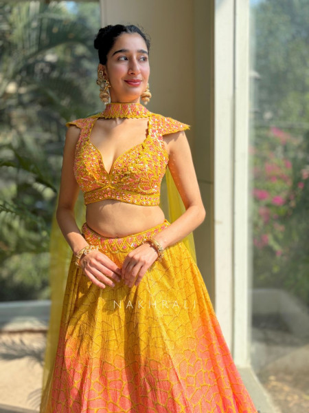 Ishara Yellow Sequin Lehenga Set with Floral Cut Dana Work