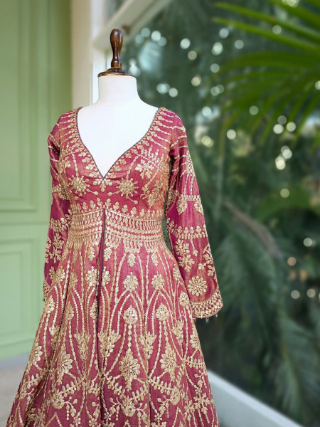 Merlot Majesty Wine Indo Western Lehenga with Zari Embroidery