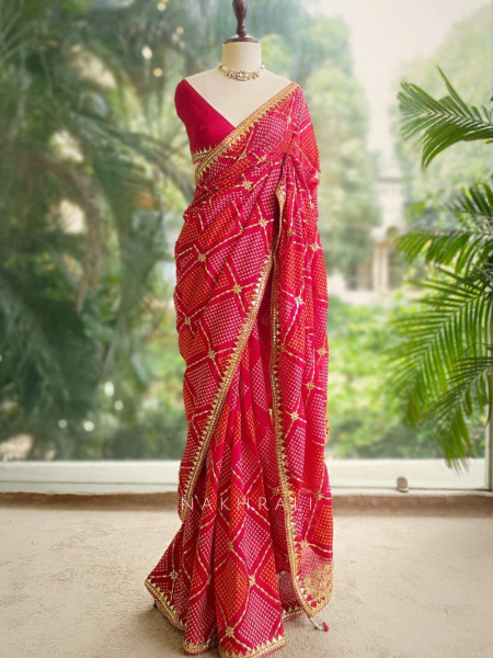 Rang Leher Red Bandhani Saree with Embroidered Border