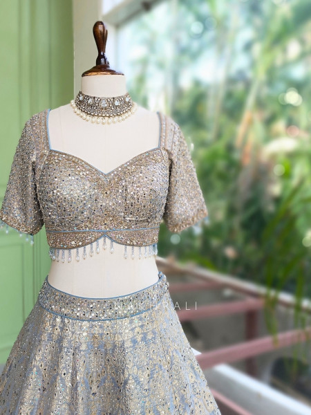 Sterling Bloom Grey Banarasi Brocade Silk Lehenga