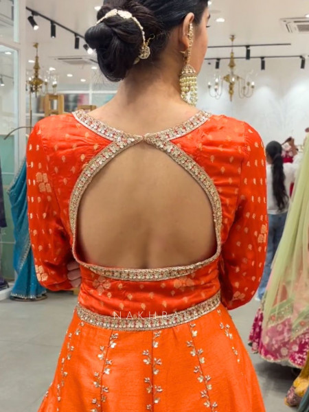 Aarunya Orange Anarkali Set with Mirror & Gota Embroidery