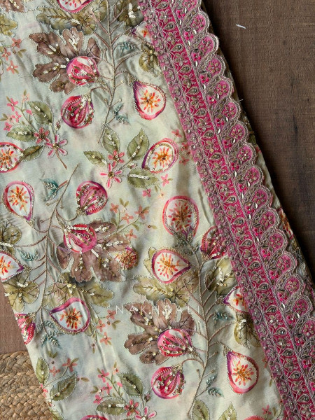 Nirvitha Pista Green Saree with Printed Embroidery and Sequin Work