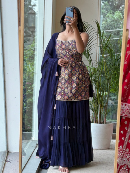 Heera Bottle Purple Banarasi Brocade & Crushed Georgette Palazzo Suit Set