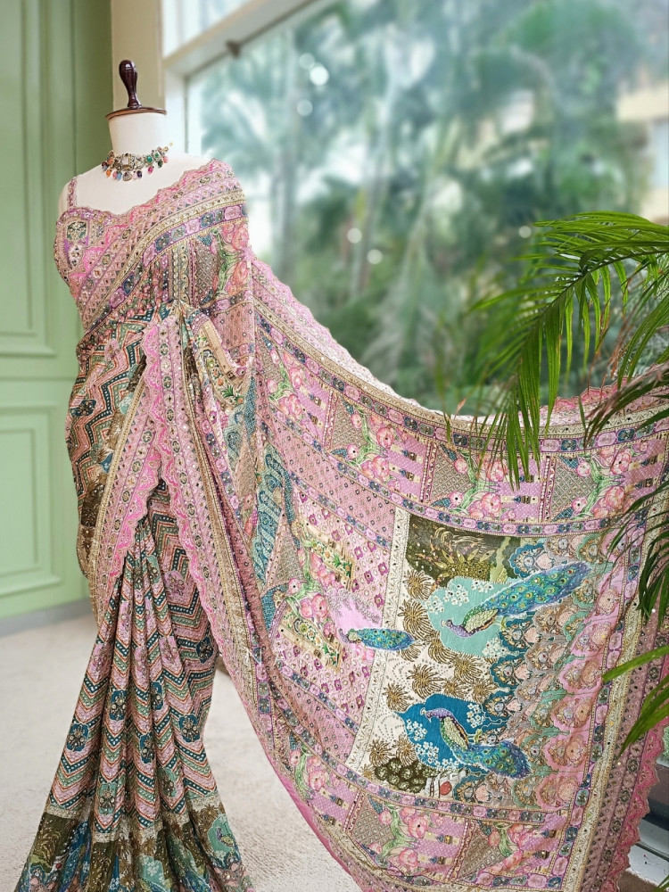 Image of Gulrang  Pink Multicolor Crepe Silk Saree