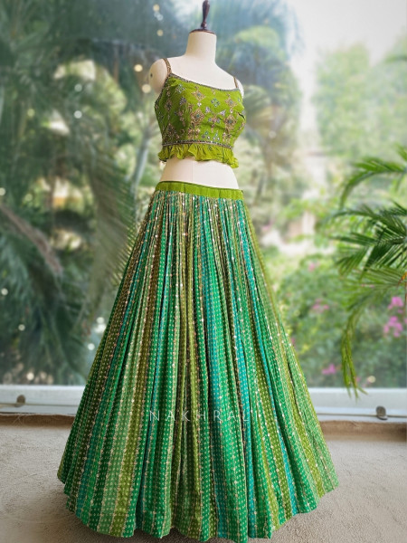 Ruhika Dual-Tone Green Bandhani Lehenga with Mirror & Sequin Work