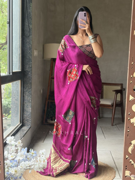 Kasha Wine Patchwork Zari Weave Saree with Running Blouse Piece