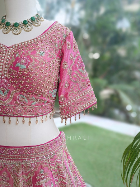 Rajgulab Pink Raw Silk Bridal Lehenga Set