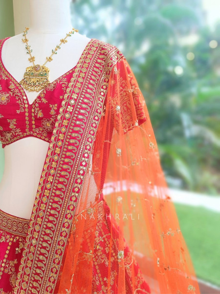 Meera Jodha Red Silk Georgette Bridal Lehenga With Zari & Sequin Floral Jaal Work