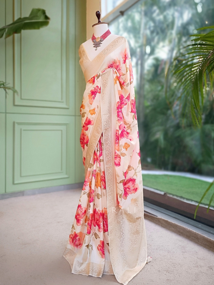 Image of Rose-Vance Cream Georgette &amp; Banarasi Silk Saree
