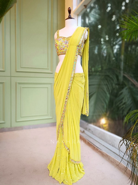 Aarika Lime Glow Gharara Drape Saree with Embroidery and Sequin Work