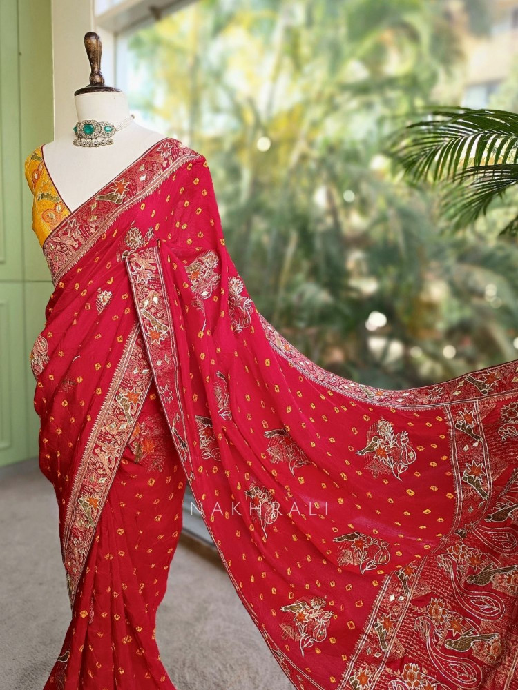 Image of Rajwadi Red Bandhani Saree with Mirror Embroidery