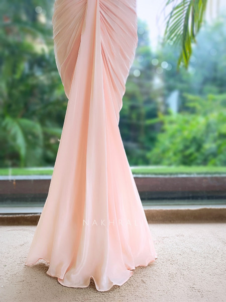 Ruched Light Pink Halter Neck Crop Top Skirt Set with Cut Dana, Pearl and Bead Work