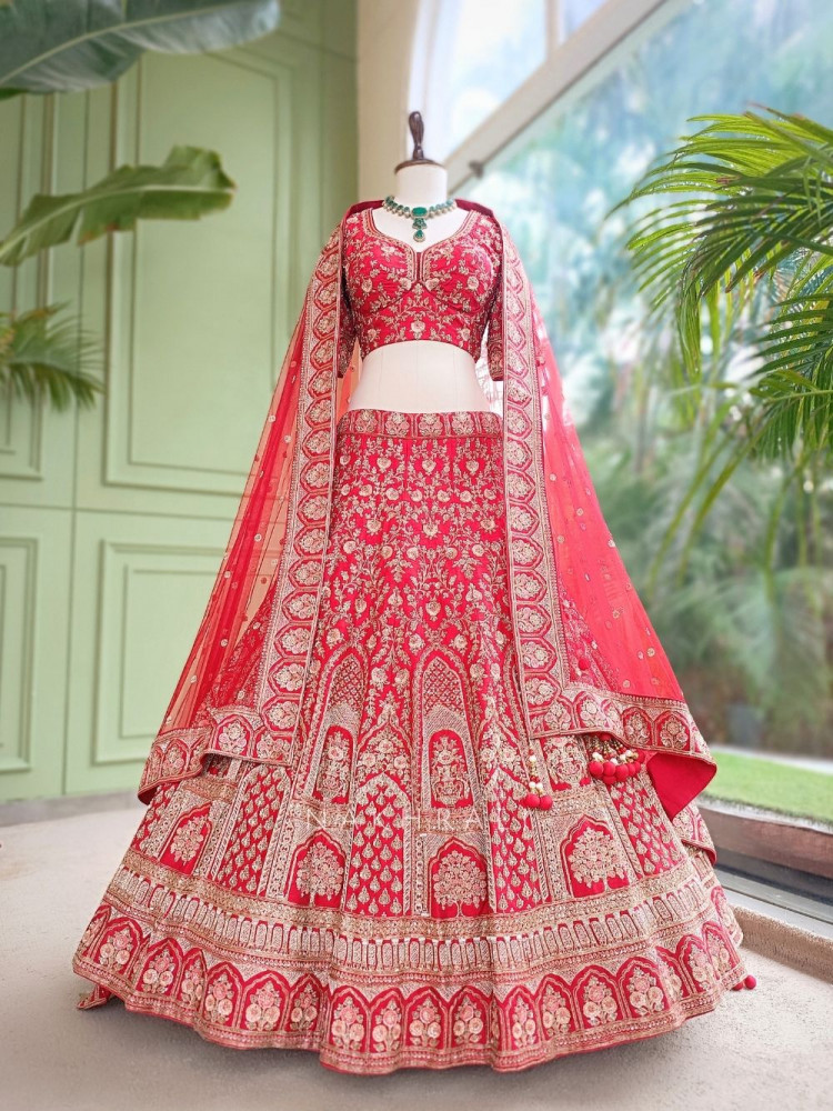 Image of Kumudini Red  Raw Silk Bridal Lehenga
