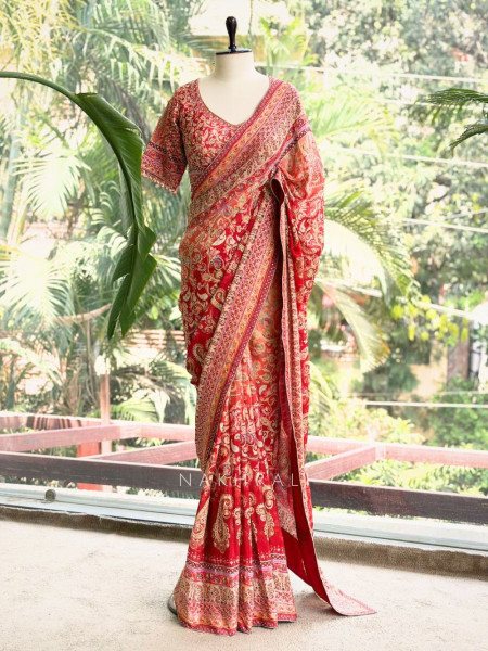 Paisley Printed Red Saree with Stone Embellished Readymade Blouse
