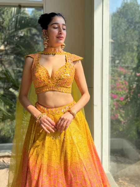 Ishara Yellow Sequin Lehenga Set with Floral Cut Dana Work