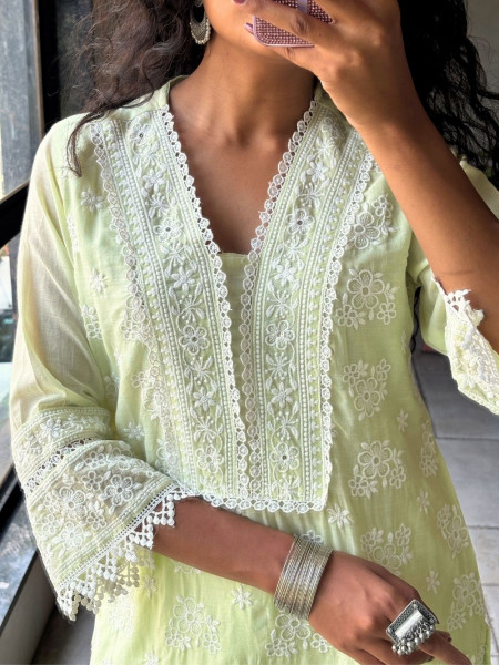Mirelle Green Co-ord Set with Lace Embroidery