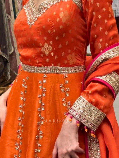 Aarunya Orange Anarkali Set with Mirror & Gota Embroidery