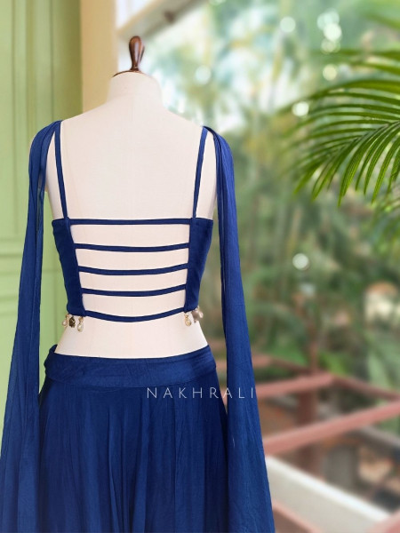 Azure Blue Georgette Indo Western Lehenga with Thread and Mirror Work